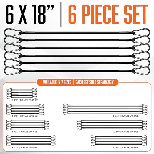 18 Inch Bungee Cords with Carabiner Hooks - 6Pcs Heavy Duty Outdoor | Black Bungee Cords with Hooks - Strong Bungie Straps UV & Weather Resistant - Bungy Cords 200lb Strength - size: Black 18'' (6 Piece)