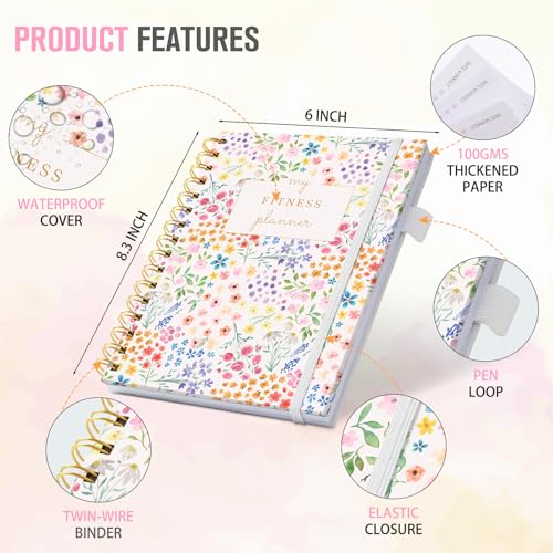Fitness Journal for Women, Fitness Planner with Monthly Calendar, ( 8.3" x 6") Floral Pattern Hardcover Workout Log Book Track Training, Diet, Progress, Achieve Wellness Goals, Perfect for Fitness Enthusiast - color: Floral