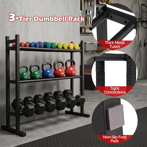 Goplus 3-Tier Dumbbell Rack, 529LB Capacity Heavy-Duty Adjustable Weight Rack Stand for Home Gym, Space-Saving Metal Dumbbell Storage Organizer for Kettlebells, Weight Plates