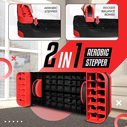Yes4All 2-in-1 Adjustable Aerobic Step Platform Fitness Exercise Stepper with Rocker Balance Board Legs for Home Workout, Step Exercise & Balance Training - color: C. Red