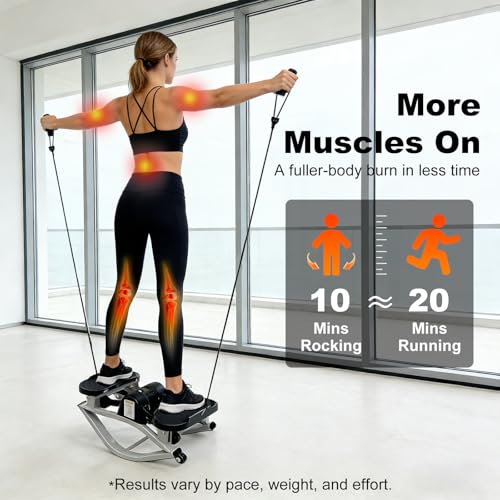 Rock Stepper Machine for Home Workout, 3D Lateral Rocking Fitness Stepper with 300lb Weight Capacity, Mini Stepper with Resistance Bands & LCD Monitor, Quiet Cardio Training Equipment