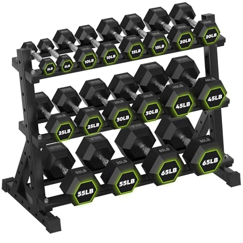 HANDBODE Dumbbell Set with 3-Tier Rack, 390-790 lb | Heavy Duty Weight Stand for Dumbbells, Space-Saving Metal Storage Organizer, Sturdy Dumbbell Holder for Home Gym - style: 540 lb Set (5-65 lb) *2 & Rack