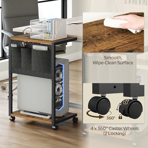 YATINEY PC Stand, Computer Tower Stand with Charging Station, Height Adjustable PC Tower Stand for Floor, 2 Tier Computer Cart On Wheels, 23.1"-29"H,19.7"L x 11"W, for Home Office, Rustic Brown CJ60BR - color: Rustic Brown + Black