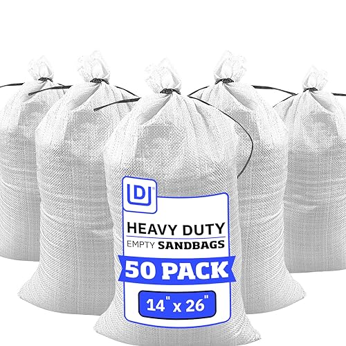 DURASACK Heavy Duty Sand Bags with Tie Strings Empty Woven Polypropylene Sand-Bags with 1600 Hours of UV Protection, 50 lbs Capacity, 14x26 inches, White, Pack of 50 | Woven Polypropylene Sandbags for Flood Control with 1600 Hours of UV Protection, 50 lbs