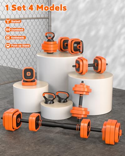 Rendpas 4-in-1 Adjustable Dumbbell Set with Foldable Weight Bench, Convert to Barbell Kettlebell Push-Up Stand, 800LBS Bench 10 Angles Incline Decline Flat, Home Gym Weight Set - color: Orange, size: 45LB Dummbell Set & Adjustable Bench