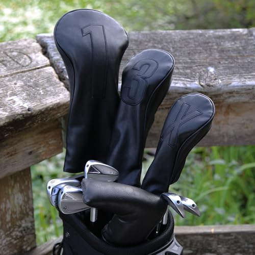 Golf Club Covers – Blackout Leather Driver Headcover, Fairway Wood, 3 Wood, Hybrid, Fits Mallet Blade Putter Head Covers Alignment Stick Cover - size: SET