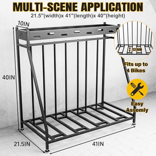 4 Bike Stand Steady Bike Rack Garage with Baskets Storage Indoor Bike Storage Rack Metal Floor Bicycle Station for Parking Suitable for Mountain, Hybrid, Adult and Kids Bikes - style: 4 Bike Stand