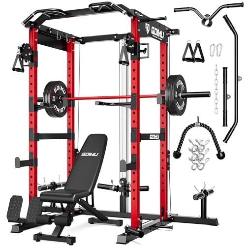 RH01 Power Cage Rack, 2000LBS Squat Rack with with Cable Crossover System&LAT Pull Down System, Multi-Function Workout Cage for Home&Garage Gym - color: Red, size: RH01 Power Cage with 120LB Weights