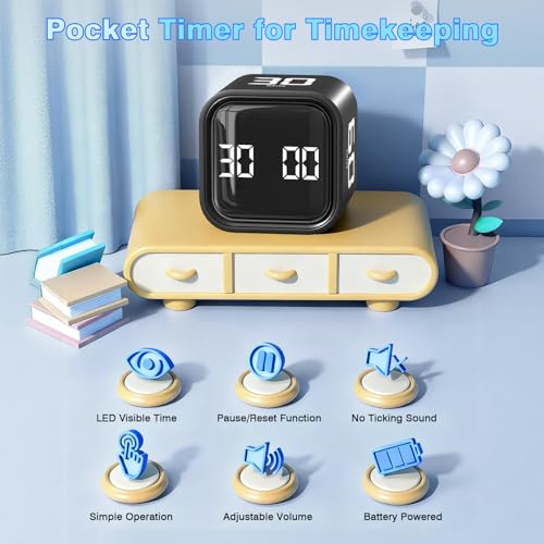 Cube Pomodoro Timer, Desk Productivity Timer 5/10/30/60 Minutes & Custom Countdown, Adjustable & Silent Visual Timer, ADHD Tool Flip Rotating Portable Multi Timers for Study Task Work Kitchen School - color: Black