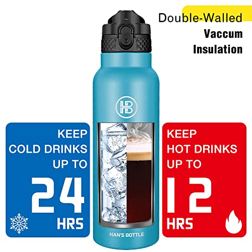 Han's Bottle Sports Water Bottle - 24 Oz, Straw Lid, Leak Proof, Vacuum Insulated Stainless Steel, Double Walled, Thermo Mug,Ocean - color: Ocean, size: 24 Ounces