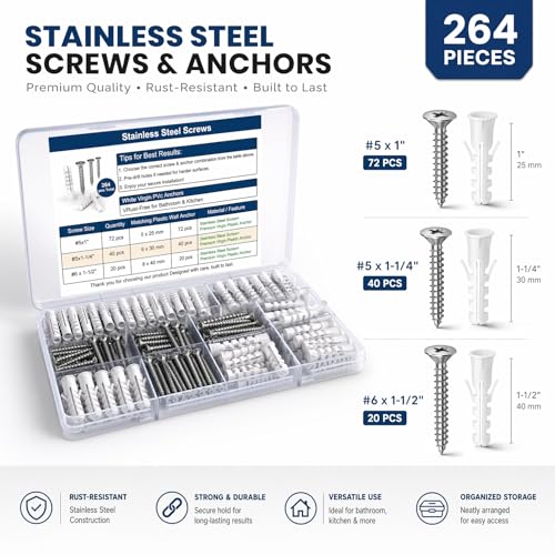 Drywall Anchors and Screws Kit – 264PCS Screws and Anchors for Wall, Drywall, Picture Hanging – Heavy Duty Plastic Wall Anchors and Screws Set for Drywall, Anchors for Screws, Wall Anchors for Drywall