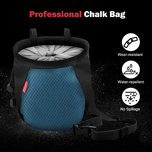 Rhino Valley Climbing Chalk Bag, No Leak Drawstring Chalk Bag with Adjustable Belt, Carabiner Clip and Zippered Pockets Chalk Bag for Rock Climbing, Cross Fit, Weight Lifting & More - color: Black/Royal Blue