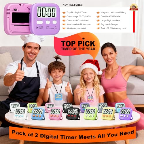 Antonki 2 Pack Digital Timer for Kids, Magnetic Countdown Kitchen Timers for Cooking, Egg, Classroom, Teacher, Exercise, Study, Oven - Battery Included - color: 2 * Pink + Purple