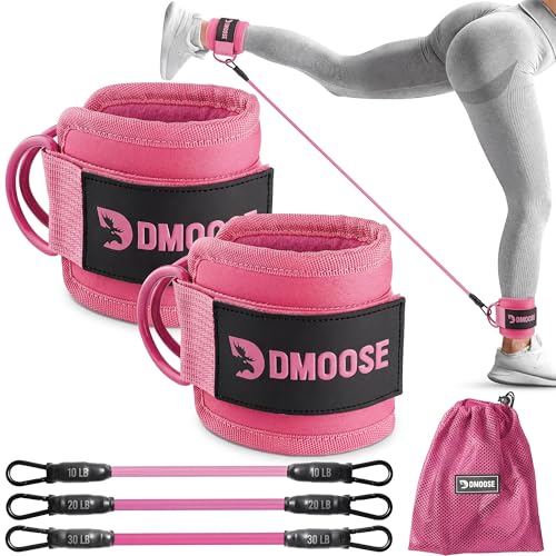 DMoose Ankle Strap for Cable Machine - One Size Fit with Premium Padding, Workout Kickback Ankle Cuffs, Ankle Bands for Working Out, Booty Workouts, Leg Extension, Hip Abductors & Lower Body Exercises - color: Pink + Tube Bands