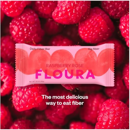 Floura Raspberry Rose Fruit-Forward Fiber Bars– High Fiber, Vegan, Gluten & Dairy Free, Low Calorie Healthy Snack Bars with Upcycled Produce for Gut Health [12 Pack] - size: 12 Pack