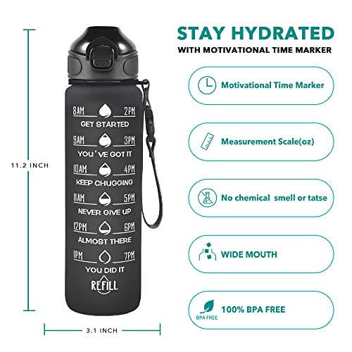 Enerbone 32 oz Drinking Water Bottle with Times to Drink and Straw, Motivational with Carrying Strap, Leakproof BPA & Toxic Free, Ensure You Drink Enough Water for Fitness Gym Outdoor - color: Black Matte