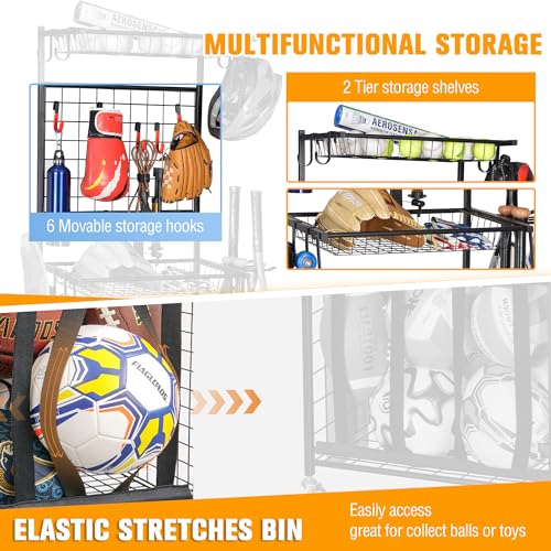 PLKOW Sports Equipment Storage for Garage, Indoor/Outdoor Sports Rack for Garage, Ball Storage Garage Organizer with Basket and Hooks,Toy/Sports Gear Storage - color: Black, 21.3"L x 15.8"W x 59"H