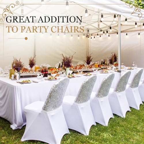 20 Pcs Silver Sequin Chair Back Covers 16x16 Inches Double Sided Glitter Stretch Folding Chair Sashes Stretch Slipcovers for Wedding Banquet Reception Baby Shower Party Decorations