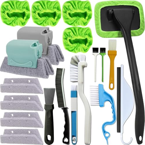 CRAFNEW Window Track Cleaner Kit, 20Pcs Small Crevice Window Cleaning Tools | Cleaning set for sliding door tracks, window sills, shower doors, bathroom mirrors and car vents, ideal for deep cleaning
