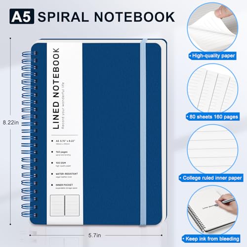 ABERLLS Lined Spiral Journal Notebook with 160 Pages, 8×5.7in, A5 Spiral Notebook, Journaling Notebooks for Work, School, Women, Men, College Ruled Spiral Notebook, Hardcover Leather Journals, Blue - color: Blue, size: A5