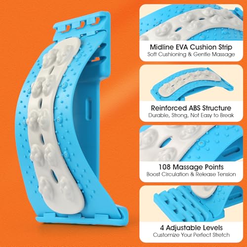 Premium Back Stretcher for Lower Back Pain Relief – 4-Level Adjustable Lumbar Support Board with Soft EVA Massage Strip – Durable & Portable Back Cracker to Release Tension and Reset Your Day (Blue) - color: Blue