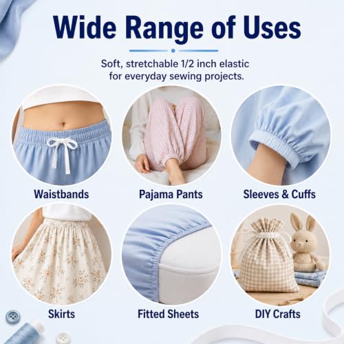 Elastic Band for Sewing 1/2 Inch Wide 12 Yards, Durable & Soft High Elasticity Stretch Elastic Bands Cord for Sewing, Waistbands, Pants, DIY Crafts, White - color: White, size: 1/2 Inch * 12 Yards