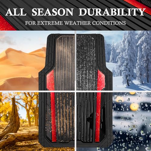 CAR PASS Heavy Duty Rubber Car Mats Metallic, Aluminum Film All Weather Floor Mats Waterproof Universal Trim to Fit Automotive SUV Sedan Van 4 Piece Anodized Deep Dish Two-Tone Sporty Black Red Chrome - color: BLack Red