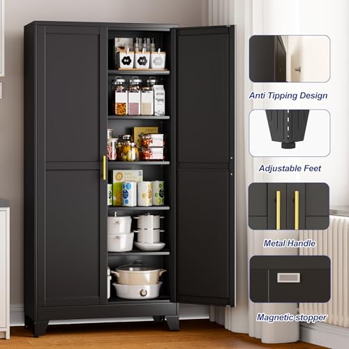 Metal Storage Cabinet with 2 Doors and 5 Adjustable Shelves - 75.2" Steel File Cabinet,Tool Cabinets for Office,Home,Garage,Gym,School (Black) - color: Black, size: 75.2H