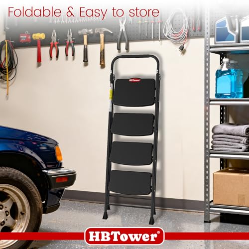 HBTower 4 Step Ladder, Step Stool Foldable with Wide Anti-Slip Pedal, Sturdy Steel Ladders for Home Adults Kitchen - size: 4 Step Ladder