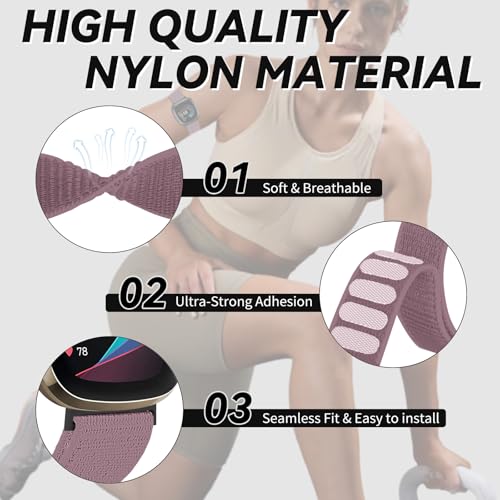 Nylon Sport Ankle/Arm Band Compatible with Fitbit Versa 4/Fitbit Versa 3 /Fitbit Sense 2/Fitbit Sense Bands,Elastic Nylon Braided Arm Strap Replacement Ankle band for Women Men - color: Smokey Purple/Flesh Pink