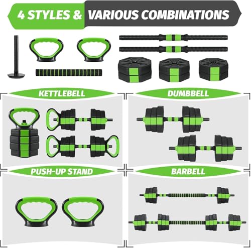 Adjustable Dumbbell Set, 44/66/88Lbs 4-in-1 Free Weights for Home Gym, Converts to Kettlebell & Barbell with Connector, Non-Slip Grip, Ideal for Men & Women Strength Training - color: Black Green