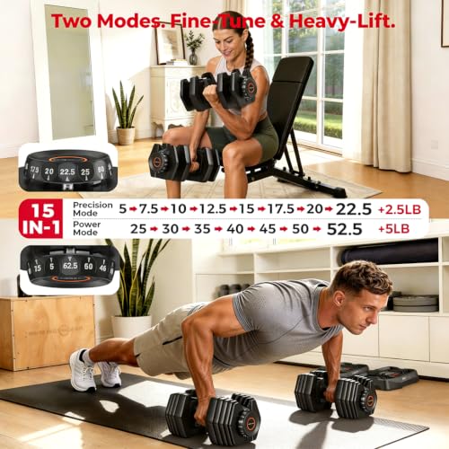FEIERDUN DB1 QuickDial Adjustable Dumbbell Set, 15-in-1 Adjustable Weights with Storage Box & App, 105lb/52.5lb Quick Change for Drop Set, Superset & HIIT Home Gym, Non-Slip Handles, 3-year Aftersale Service