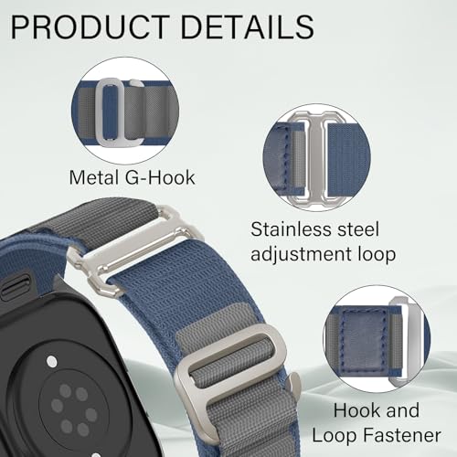 Alpine Loop Nylon Band - Compatible with Apple Watch Ultra 2/Ultra Bands 49mm 45mm 44mm for Men Women, Adjustable with Metal C Hook Strap for iWatch Ultra 2 iWatch Ultra Series 10 46mm SE/9/8/7/6/5 - color: Alpine/New Blue Titanium