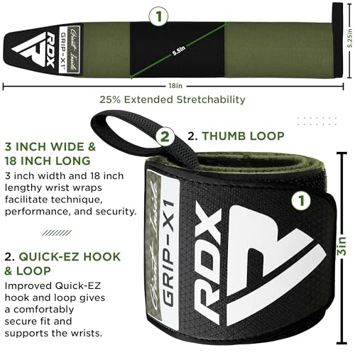 RDX Wrist Wraps for Weightlifting (Pair), IPL USPA Approved, Elasticated 18” Cotton Straps Support with Thumb Loop, Gym Wrap for Weight Lifting Powerlifting Competition Strength Training Bodybuilding - color: Army Green