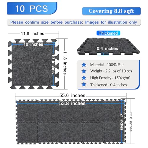 BXI Soundproof Interlocking Rug Pad 10 Pcs, 11x 11 x 0.4 inches Non Slip Rug Pads, High Density Noise Reduction Puzzle Felt Carpet Padding, Rug Mat Protects and Adds Cushion for Hardwood Floors - size: 10 Pcs