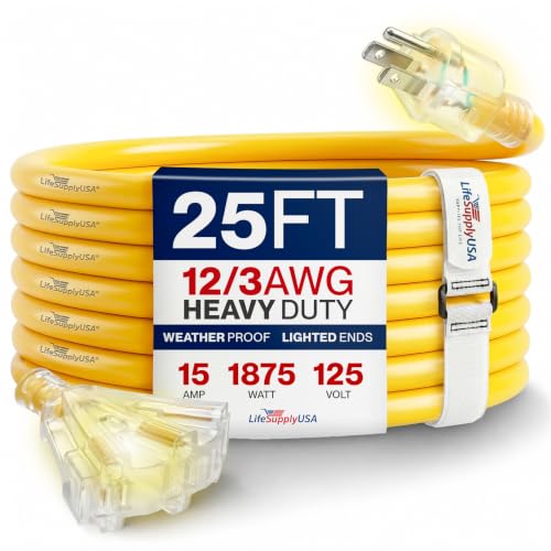 25ft Outdoor/Indoor Extension Cord 3-Outlet 12/3 Gauge Extra Heavy Duty 3 Prong SJTW, Waterproof, Flexible Cold-Resistant Long Power Cord,15A 125V 1875W, Yellow by LifeSupplyUSA - color: Yellow, size: 25FT