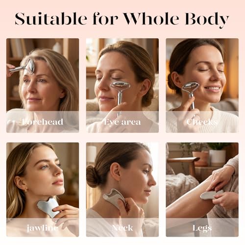 BAIMEI Stainless Steel Gua Sha & Face Roller Set, Facial Massage Tool for Face, Neck and Body, Cooling Metal Skin Care Tools for Depuffing Routine, Self Care Gift for Women - color: Grey