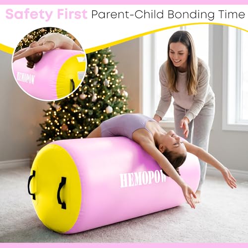 Inflatable Gymnastics Air Barrel Roller with Electric Pump, Heavy Duty PVC Tumbling Barrel Back Handspring Trainer, Air Tumble Track Mat for Home Gym, Cheerleading, Yoga Practice - color: Pastel Pink & Soft Yellow, size: 3.3'L x 2'D