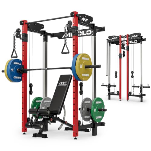 Mikolo Folding Squat Rack, Wall Mounted Power Rack with Cable Crossover Machine & LAT Pull Down, Functional Trainer with 5 Adjustable Function Modes, Home Gym Package - color: Red, size: CHEETAH Essential Pack
