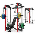 Mikolo Folding Squat Rack, Wall Mounted Power Rack with Cable Crossover Machine & LAT Pull Down, Functional Trainer with 5 Adjustable Function Modes, Home Gym Package - color: Red, size: CHEETAH Essential Pack
