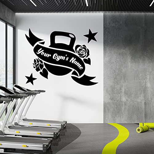 Beautiful Gym Vinyl Decals with Gyms Name Kettlebell Flowers Stars - Outdoor for Business - Window Door Wall Gym and Fitness Decal - color: Dec 16