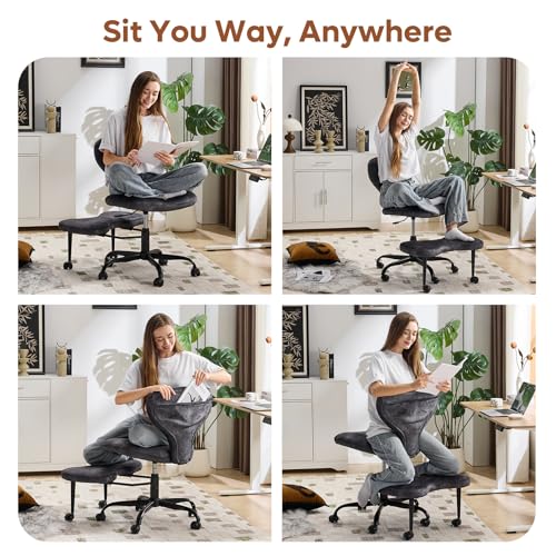 YFO Ergonomic Cross Legged Office Chair and ADHD Meditation Chair with Silent Wheels for Home Office Desk Chair and Yoga, Wider Backrest Support and Storage Pockets Design, Velvet Fabric, Grey - color: Velcet-grey