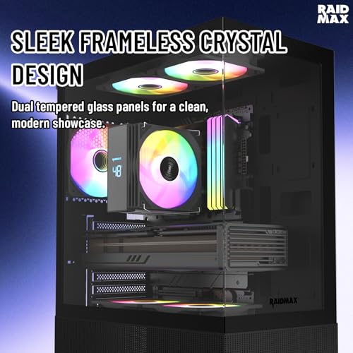 Raidmax i802 Vibe Series ATX Mid Tower Gaming Case Bundle – Tempered Glass Side Panel, Includes 700W 80+ Power Supply, AM1204 Digital Display Air Cooler, and 5 Pre-Installed FRGB Fans (Black) - color: Black
