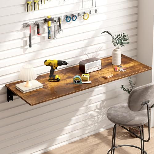Need Wall Mounted Folding Table, 47x20 Inch Fold Down Wall Mount Desk Heavy Duty Small Folding Wall Table for Laundry, Home Office, Small Apartments, Rustic Brown & Black Frame - color: Rustic Brown Desktop & Black Shelf Brackets, size: L47.2" * W20"