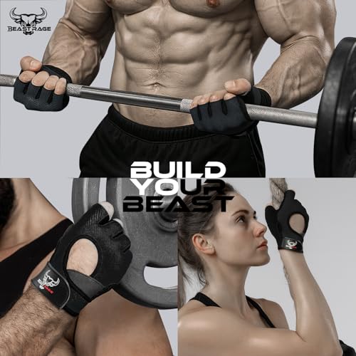BEAST RAGE Fingerless Weight Lifting Gloves with Palm Protection Padding, Breathable Lightweight Gym Gloves for Men, Women, Weightlifting, Cycling, Exercise, Training Pull Up - color: Black, size: X-Small