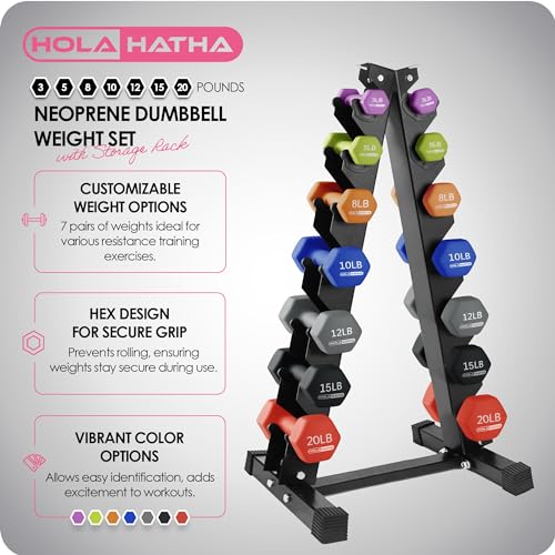 HolaHatha 1, 2 and 3 lb Neoprene Dumbbell Strength Training Weight Set with Rack - color: Multicolor, size: 146 LB