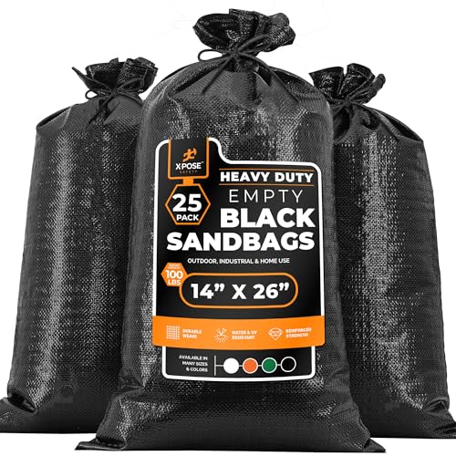Xpose Safety Heavy Duty Sand Bags with Tie Strings – Empty Woven Polypropylene Sandbags for Hurricane Flood Protection, 100 lb Capacity, 14" x 26", Black, Pack of 25 - color: Black, size: 25 Sandbags