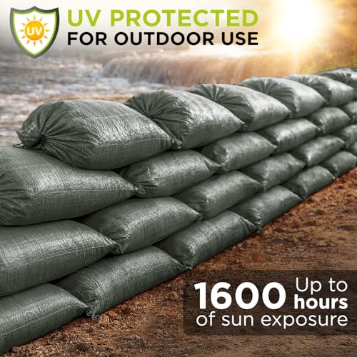 Heavy Duty Sand Bags Pack of 24, Army Green Empty Sandbags with Built-In Ties, Woven Polypropylene UV Protection 1600 Hours, Fillable Bags for Flood Control, Weight, 12x20 inches, 25 Pounds Volume - size: 12"W x 20"L, style: Pack of 24