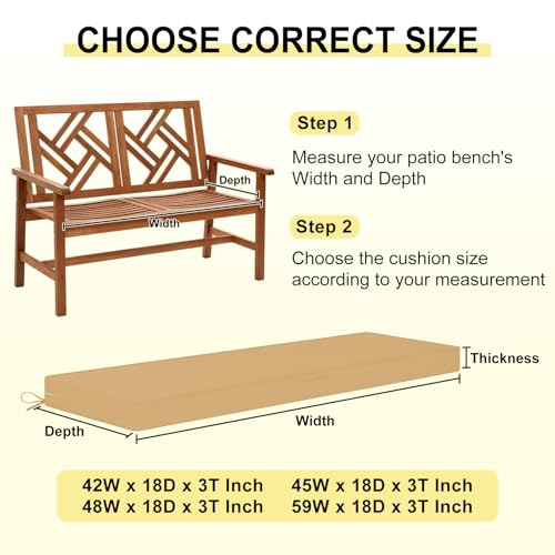downluxe Outdoor Bench Cushion Waterproof, 42 x 18 Inch Patio Furniture Cushions with Adjustable Ties & Portable Handle, Porch Swing Cushions, Bench Cushions for Outdoor Furniture, Kahki - color: Khaki, size: 42x18x3 Inch