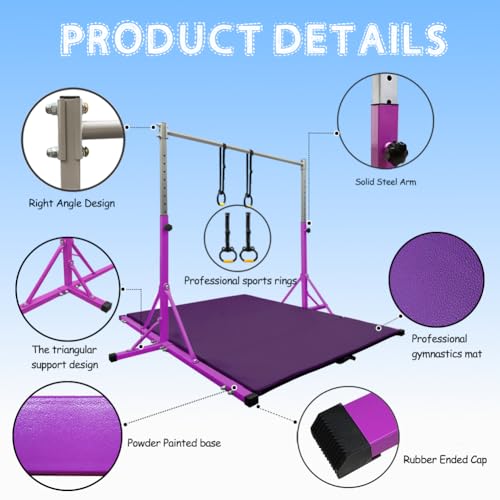 Gymnastics Bar for Kids Girls Ages 3-15 with Ring for Home Indoor Training Equipment- Steady Steel Construction, Anti-Slip, Easy to Assemble, 3' to 5' Adjustable Height - color: PURPLE, size: 4.8FT, style: FOLDABLE BAR WITH MAT&RING